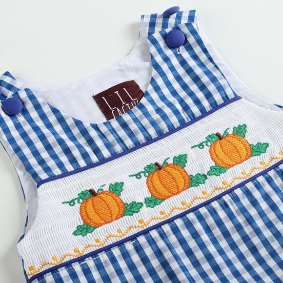 Baby Boy Blue Gingham Embroidered Pumpkin Smocked Shortalls Thanksgiving - Picture 5 of 6